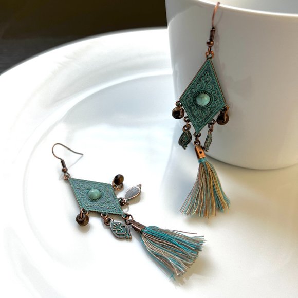 NEW Boho Rhombus Tassel Silk Earrings - Picture 2 of 5